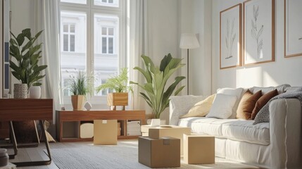 Bright living room with stacked moving boxes and decor
