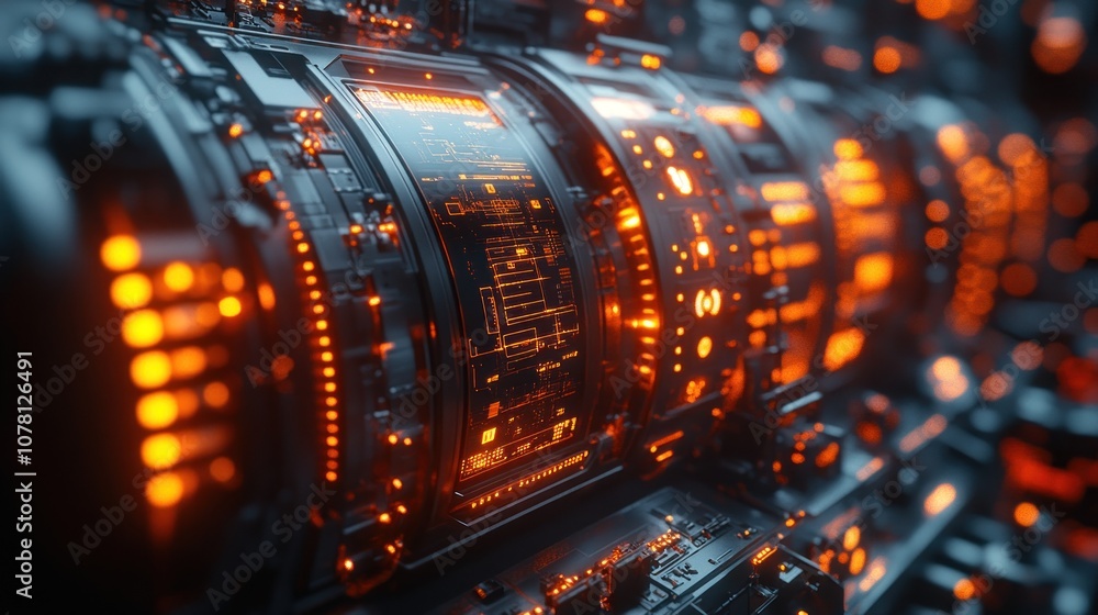 Poster futuristic machinery with glowing orange elements and circuit patterns.