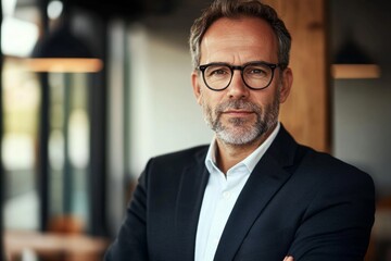 Fototapeta premium Confident professional man in a business suit standing in a modern office. He has glasses and looks directly at the camera. Stylish and elegant portrait shot. Generative AI