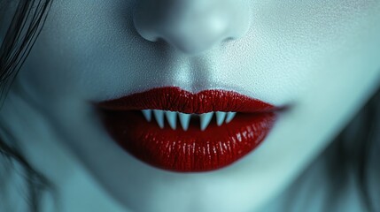 Close-up of a vampire's mouth with sharp fangs and red lips.