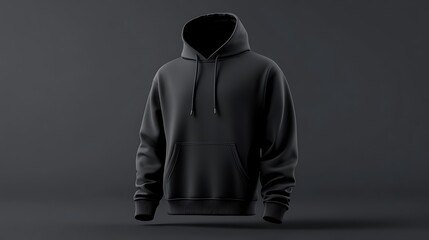 A black hoodie displayed on a dark background, showcasing its design and texture.