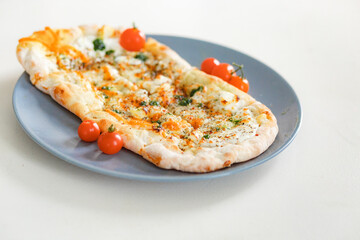 Macro closeup of different kinds of pizza