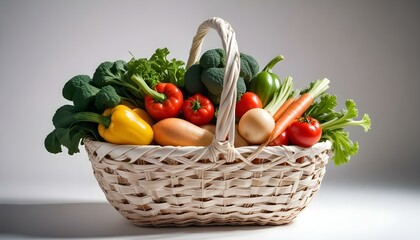 A white wicker basket filled with fresh vegetables, including broccoli, bell peppers, tomatoes, carrots, celery, onions, and a butternut squash.