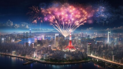  Stunning aerial view of Tokyo's cityscape, featuring a dazzling heart-shaped fireworks display above iconic landmarks, with sparkling city lights creating a magical atmosphere in the