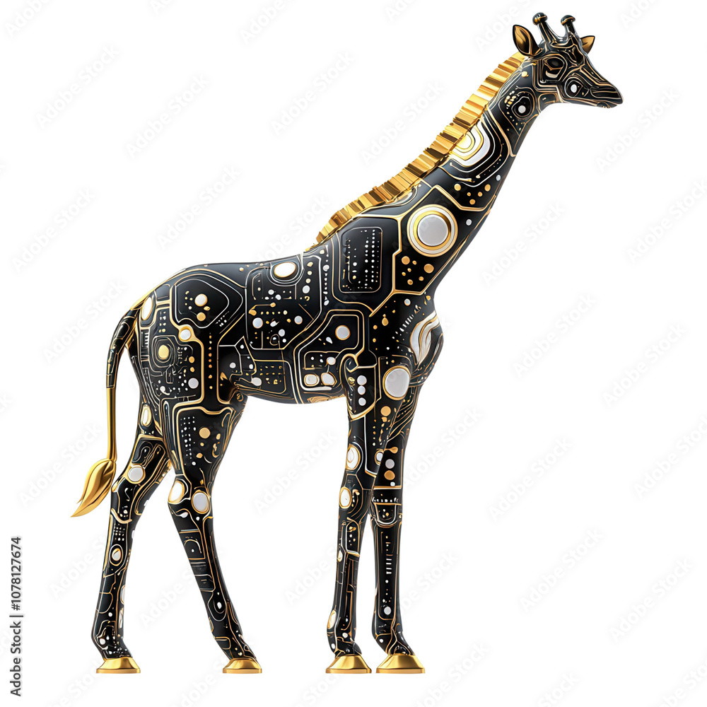 Poster a futuristic giraffe design with intricate circuit patterns and metallic colors, blending nature wit