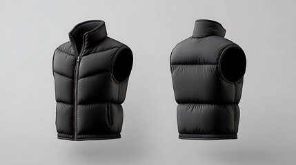 Naklejka premium A black puffer vest displayed from front and back views, showcasing its design and functionality.