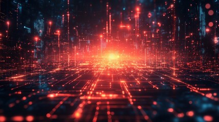 Obraz premium Abstract digital landscape with glowing red and blue data structures.