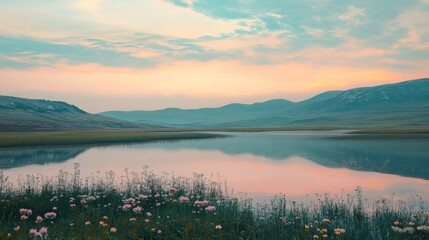 Fototapeta premium Serene landscape with a calm lake reflecting a pastel sunset and blooming flowers in the foreground.