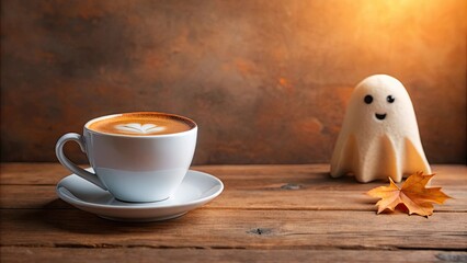 Cute ghost enjoying a cup of latte on a brown background for Halloween theme, cute, ghost, latte, Halloween, autumn, season