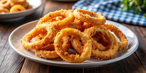 Close-up of crispy fried onion rings on a plate , appetizer, snack, deep fried, golden brown, delicious, crunchy