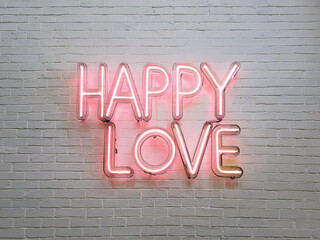 neon rosa, happy love sobre pared de ladrillo blanca