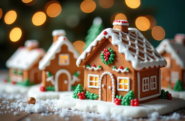 Festive gingerbread houses with christmas decorations and twinkling lights in the background