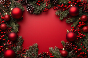 red christmas background with pine branches and red balls