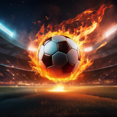Fototapeta premium Football on fire, football stadium, spotlights, football stands