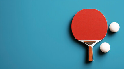 Table tennis paddle with red rubber and two white ping pong balls on a blue background with shadow effect.