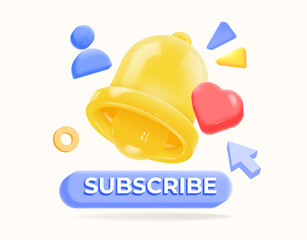 3D vector subscribe icon with a yellow bell, blue user icons, heart, and arrow. social media notifications, and engagement promotions