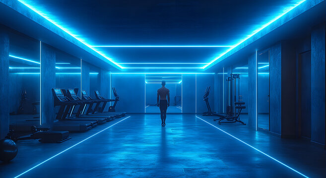 Person in Futuristic Gym with Blue Neon Lighting and Modern Equipment
