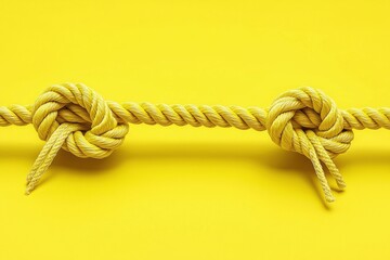 A yellow rope with two knots against a bright yellow background.