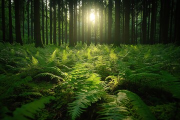 Obraz premium Sun rays illuminate a lush forest floor covered in ferns.