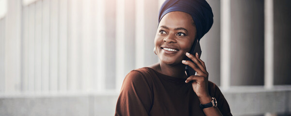 Business, black woman and happy on phone call for communication and networking. Female person,...