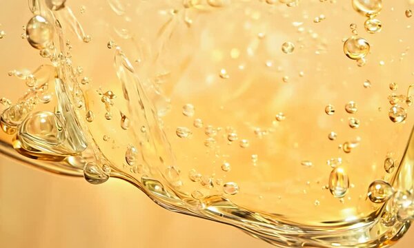 Golden Liquid Splash: Close-up of a glistening, golden liquid splashing, creating a dynamic and abstract pattern of bubbles and ripples. The image captures the essence of movement, fluidity.