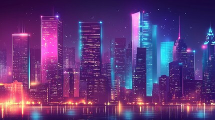 Fototapeta premium A cityscape with neon lights and a waterway in the background