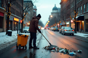 Obraz premium Urban worker cleaning snowy street with trash bins during winter evening