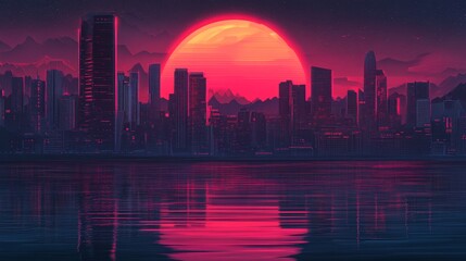 Fototapeta premium A city skyline with a large red sun in the background