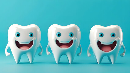 Obraz premium Generative AI bright picture of white cute funny smiling tooth characters with faces isolated on blue turquoise color background