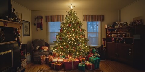A Christmas tree is decked out with ornaments and a star on top. There are colorful presents under the tree.
