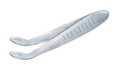 Steel curved Tweezers. Dentistry tool for the treatment of caries and toothache, medical equipment Professional instruments. Isolated hand drawn watercolor kids illustration.