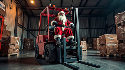Fototapeta premium A man dressed as Santa Claus sitting on a forklift in a warehouse
