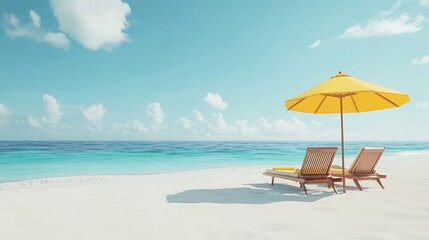 A serene beach scene featuring two lounge chairs under a yellow umbrella by the turquoise sea.