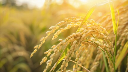 Obraz premium Golden Rice Fields in Warm Sunset Light