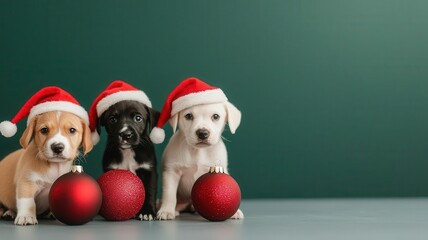 Group of puppies in Santa hats playing with holiday decorations, festive joy