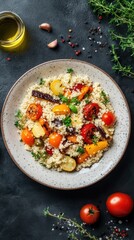 A vibrant couscous bowl with roasted veggies, fresh herbs, and a drizzle of olive oil