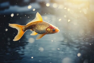 A Goldfish Swimming in a Sunlit Pond