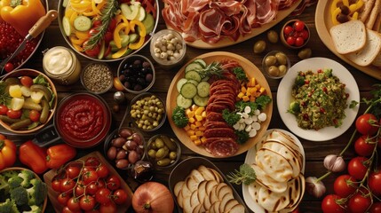 Fototapeta premium Colorful Spread of Fresh Ingredients and Dishes