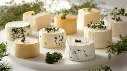 An artistic arrangement of diverse cheese varieties garnished with fresh herbs, perfect for any gathering