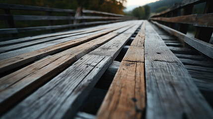 Close-up view of an old wooden bridge with weathered, overlapping planks and handrails, captured in the soft light of an outdoor setting, emphasizing texture and rustic character.