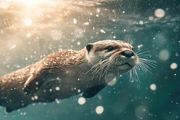 Close-up of an Otter Swimming Underwater with Sunlight and Bubbles