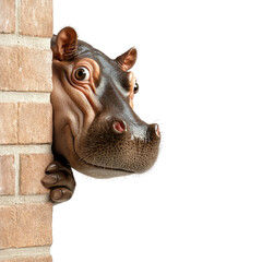 Fototapeta premium Adorable hippo head peeking from behind brick wall on transparent background clipart