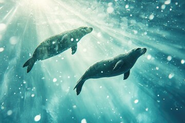 Fototapeta premium Two Seals Swimming in Sunlit Turquoise Water