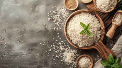 Fresh Rice and Ingredients on Rustic Table