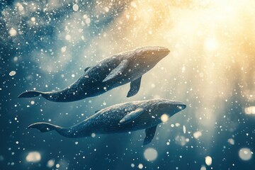 Fototapeta premium Two Whales Swimming in a Sparkling Ocean