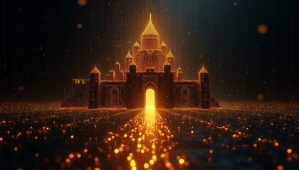 Illuminated Digital Castle Surrounded By Glowing Embers And Golden Energy Streams On Dark Background