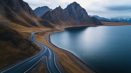 Fototapeta premium Winding road alongside a tranquil lake with dramatic mountainous backdrop in an overcast landscape scene