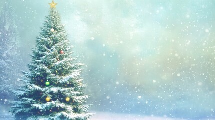 A tall, majestic Christmas tree covered in snow, standing in the middle of a snowy forest, twinkling lights and ornaments creating a magical winter scene. Christmas colour effect. Happy mood