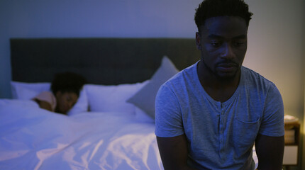 Black couple, night or bed with argument for breakup, divorce or cheating affair at home. African,...