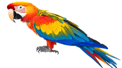 Fototapeta premium Colorful macaw parrot with vibrant feathers isolated on white background, ideal for tropical and exotic design projects